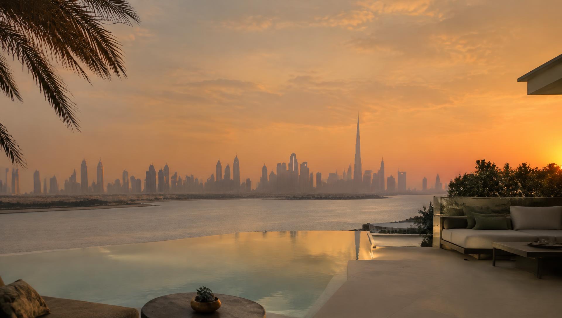 Dubai skyline at sunset from a private villa terrace